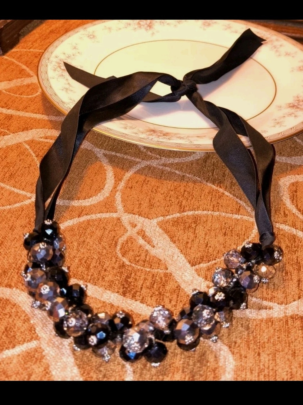 Black Crystal Ribbon Statement Necklace